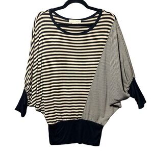 Red 23 Womens Small Black Tan Striped Dolman Batwing Sleeve Banded Hem Top USA